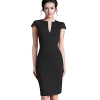 ZZOOI Nice-forever Office Women Vintage Summer Solid Deep V neck Zipper Back Formal Stretch Pencil work Bodycon Pocket Dress 521