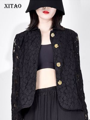 XITAO Jacket Black Hollow Out Lace Coat Single Breasted Women Top