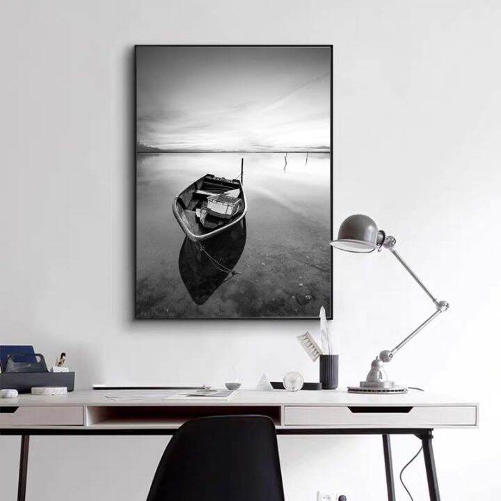 boat-wharf-lake-mountainทิวทัศน์ธรรมชาติสีดำสีขาวภาพโปสเตอร์ภาพวาดผ้าใบwall-artตกแต่งบ้านโมเดิร์นห้องนั่งเล่น