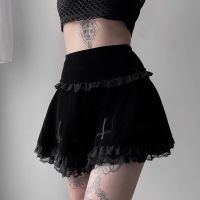 【LZ】✹  Goth escuro shopping gótico estética veludo plissado mini saias femininas vintage harajuku emo alt roupas de cintura alta renda babados saia