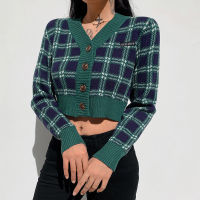 Deeptown Streetwear Green Checkerboard Cropped Cardigan Knitted Sweater Women Vintage Y2K V-neck Long Sleeve Plaid Jumper Winter