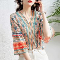 ✣❁○ Ethnic Style Printed Three-Quarter Sleeve Chiffon Shirt Summer Casual Loose V-Neck Trumpet Top Fashion Womens Clothing