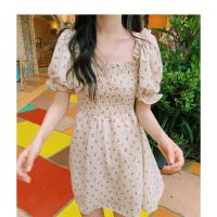 #F02# Summer Puff Sleeve Dress French Black Retro Square Collar Chiffon Floral