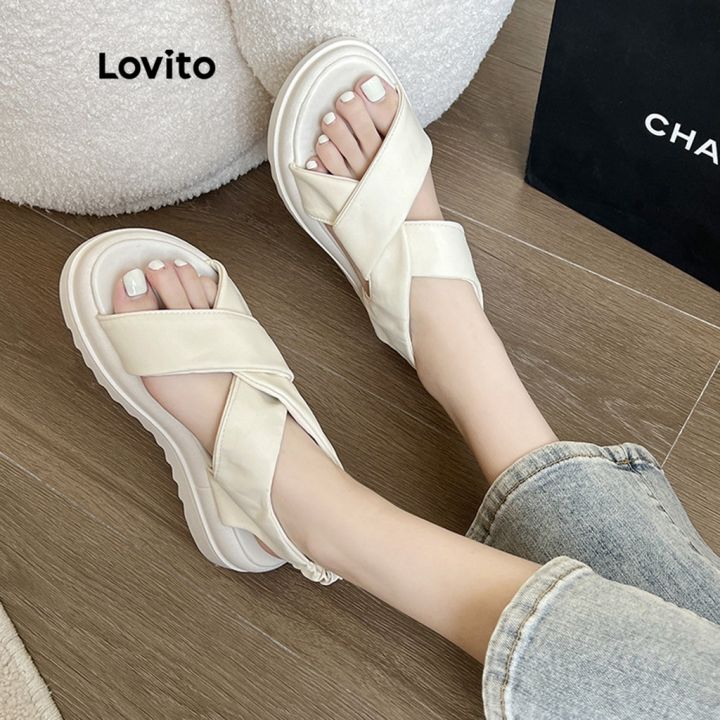 lovito-รองเท้าแตะลําลอง-ส้นแบน-เปิดนิ้วเท้า-แฟชั่นฤดูร้อน-สีขาว-ดํา-lis02021