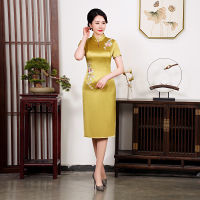 ชุด Qipao ปรับปรุงใหม่ Gaun Modis สไตล์จีนย้อนยุคกระโปรงยาวปานกลาง2023เดิน