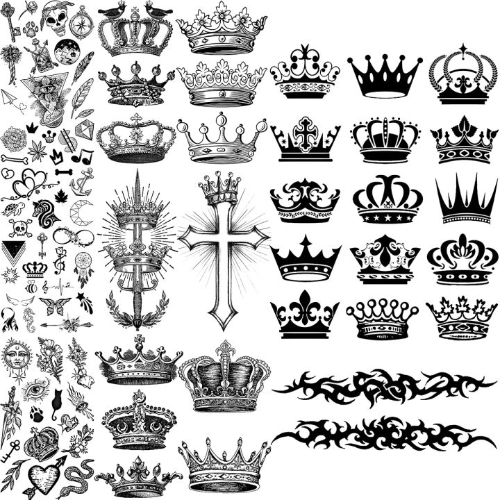 black-crown-temporary-tattoos-for-women-adults-realistic-bird-cross-sword-heart-fake-diamond-tattoo-sticker-body-hand-tatoos-3d