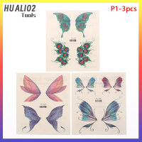 HUALI02 3ชิ้นสติกเกอร์รอยสักปีกผีเสื้อนางฟ้าเงางามกันน้ำตาใบหน้าศิลปะร่างกายมือรอยสักปลอมสำหรับแต่งหน้าผู้หญิง