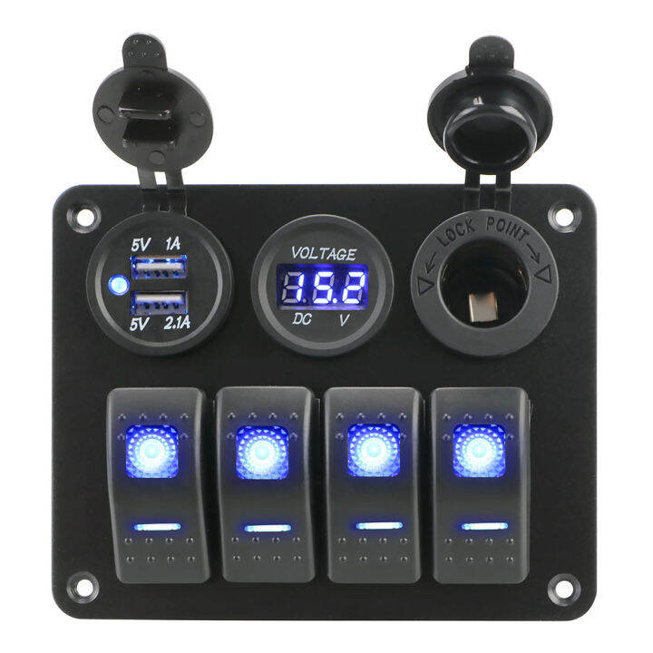 4 Gang LED Rocker Switch Panel Aluminum Panel Circuit Breaker DC 12V ...