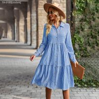 ℗ ocehrk ELIJOIN2023-Plaid Vestido casual com lapelas grande balanço manga comprida europeu e americano primavera outono