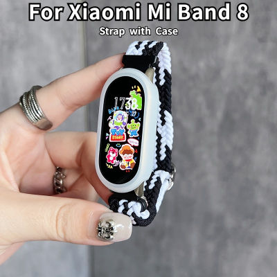 สายรัดและเคสสำหรับ Xiaomi Mi Band 8ไนลอนถักสายนาฬิกาข้อมือป้องกันที่ครอบสำหรับ Xiaomi สายรัด8 MiBand 8สีข้อมือเคส TPU