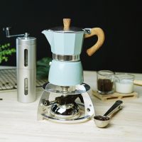 (สีฟ้า) ชุดเตาแก๊สมินิ + กาต้มมอคค่าพอท Moka pot + เครื่องบดมือหมุน + 2-1 ช้อนตักกาแฟ