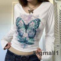 Bigmall-เสื้อยืดลําลองสําหรับสตรีแขนยาวคอกลมพิมพ์ลายผีเสื้อ