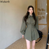 Woherb  Elegant Temperament Solid Color Mini Dress Women Turn-down Collar Long Slleeve Vestido Mujer High Waist A-line Robe