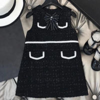 New arrival spring baby girl small fragrance tweed vest dress kids casual bow slim a-line dress