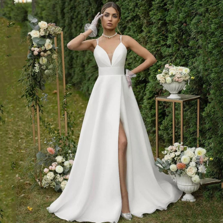แปด2022ชุดแต่งงานคอวีเลื่อมสูงแยกชุดเจ้าสาวสีขาว-bobo-ชายหาด-a-line-ซาตินแต่งงาน-evenin-ชุดขนาดบวก