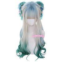 (วิกผมคอสเพลย์) Animecosplay วิกผมโลลิต้าสีเทาไล่ระดับสีเขียว60ซม. ผมคอสเพลย์ลอนยาวสำหรับผู้หญิงลอนสังเคราะห์หน้าม้าแบน