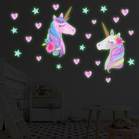 Cartoon Unicorn Wall Stickers Kids Rooms Ceiling Decals Fluorescent In The Dark