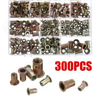 CW300pcs สังกะสีเหล็ก Rivet Nut Kit Rivnut Nutsert 150Pcs เมตริก150Pcs SAE หัวแบนเกลียว Rivet ใส่ Nutsert หมวก Rivet Nut