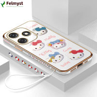 [ฟรีสายคล้อง] สำหรับ Tecno 10C ประกายเซลล์10เคสโทรศัพท์การ์ตูนน่ารัก Hello Kitty สำหรับเด็กผู้หญิงปลอกลวดลายขอบสี่เหลี่ยมชุบเคสโทรศัพท์หรูหราชุบเคลือบเคสโทรศัพท์นิ่ม