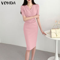 Fancystyle VONDA แขนพองคอวีสำหรับผู้หญิงที่สง่างามชุดลูกไม้สีทึบแขนสั้นชุดเดรสสาวออฟฟิศ (สาเหตุเกาหลี)