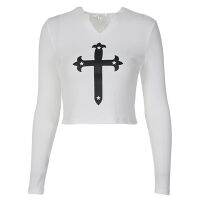 ผู้หญิงวาฟเฟิลถัก Cropped Tee เสื้อแขนยาวคอ V คอสีทึบ Harajuku สำหรับ Cross พิมพ์ Pullover T-Shi