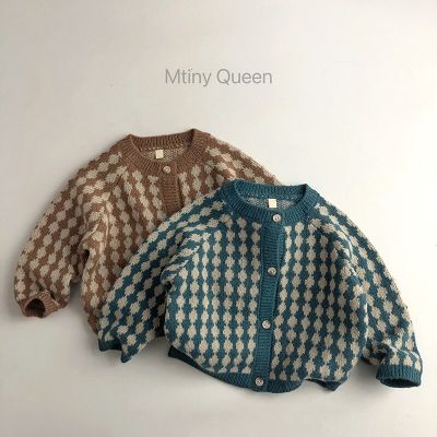 2023 Autumn Spring Children Boys Cardigan Plaid Knitted Cotton Border Sweater Open Stitch Loose Stretch Kid Boys Outerwear
