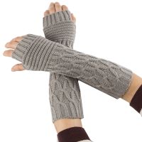 Womens Fingerless Gloves Striped Twisted Solid Warm Knitted 30cm