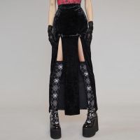 Vintage Black Velvet Split Skirts Aesthetic Sexy High Waist Bow Bodycon Long Skirt Elegant E Girl Punk Partywear Clothes