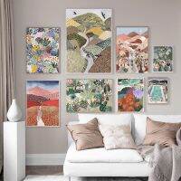 พืชเขตร้อนผ้าใบภาพวาดนามธรรม Mountain Lake สระว่ายน้ำโปสเตอร์และพิมพ์ Boho Nordic Wall Art ภาพตกแต่งบ้าน