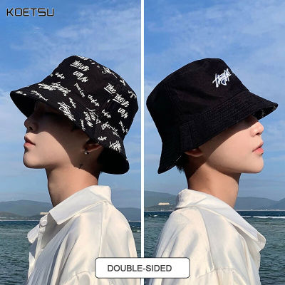 KOETSU【COD】🏖️ หมวกชาวประมงสไตล์เกาหลี หมวกกราฟฟิตี้สองด้านของผู้ชาย หมวกกันแดด หมวกกันแดดแบบออลแมตช์ หมวกฮิปสเตอร์ย้อนยุค