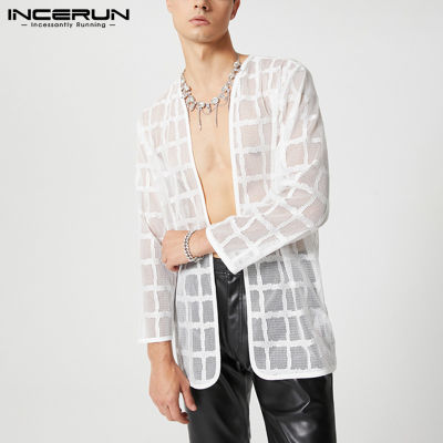 INCERUN เสื้อคาร์ดิแกนแขนยาวสำหรับผู้ชายซีทรูเสื้อแจ็คเก็ตทรงหลวมเสื้อคลุม (สไตล์ตะวันตก)