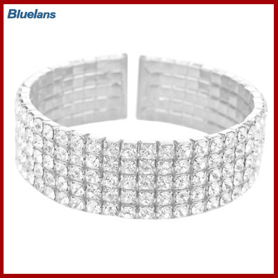 Bluelans®ผู้หญิง5แถว Clear Rhinestone แถบรัดข้อมือกำไลข้อมือเปิดเครื่องประดับเจ้าสาว