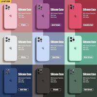 LANTOM ซิลิโคนเหลวที่มีโลโก้อ่อนนุ่มกำมะหยี่ภายในสำหรับ iPhone 14 13 12 11 Pro Max Mini X XR XS Max 8 7 Plus + SE สีกันกระแทกกรณีโทรศัพท์ป้องกันกล้อง