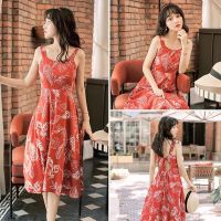 COD DSTGRTYTRUYUY Thailand Sanya seaside holiday open back Beach Dress super fairy summer slim long dress large Sling Dress Red oversized plus size skirt