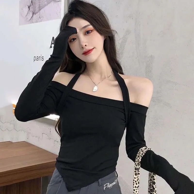 Off Shoulder Cropped Top Sexy Slim Women Thin Sweater Knitted