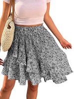 LYANER Womens Floral Print High Waist Pleated Ruffle Hem A Line Short Skirt Grey X-Large