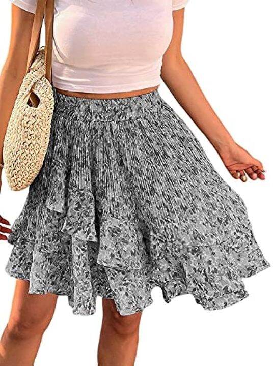 lyaner-womens-floral-print-high-waist-pleated-ruffle-hem-a-line-short-skirt-grey-x-large