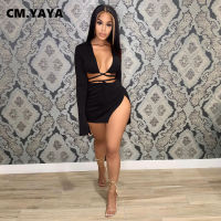 CM.YAYA Women Side Split Mini Midi Skirts Suit and Lace Up Mini Shirt Tops Beach Holiday Sexy Matching Two 2 Piece Set Outfits