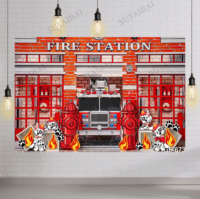 fire-station-photography-backdrops-fireman-fire-truck-boy-birthday-party-background-cake-smash-photo-studio-photocall