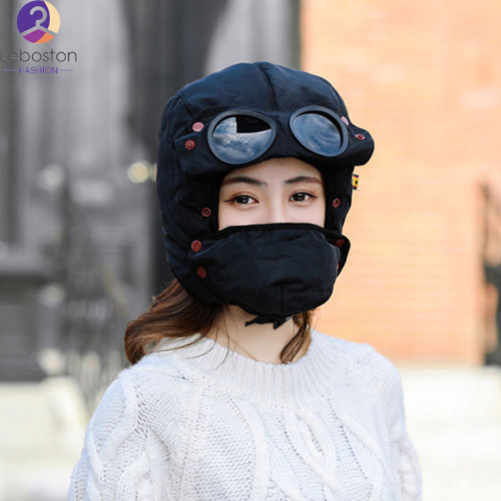 leboston-หมวก-ฤดูหนาวขี่จักรยานแว่นตาป้องกันหูหมวกป้องกันใบหน้าหนาหมวกลมหลักฐาน