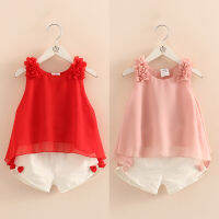 2021 Casual Cute 2 3-4 6 8 10 Years Solid Color Bow Flower Sleeveless T-shirt+Shorts 2 Pcs Baby Kids Girls Summer Clothing Set