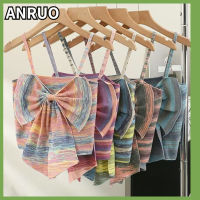 ANRUO เสื้อถักแบบสั้นแขนกุดผูกโบว์ฝรั่งเศสสำหรับผู้หญิง,เสื้อผ้าถักแขนกุดลายทางสำหรับฤดูร้อน