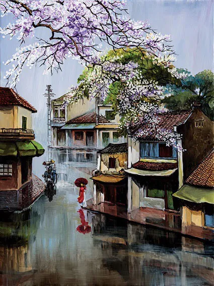 Khung tranh phố cổ Hội An Đà Nẵng nghệ thuật truyền thống cổ truyền văn hóa  đẹp kèm khung tranh 