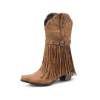 BONJOMARISA 2023 Brand New High Heeled Women Western Mid-calf Boots Pointed Toed Fringed Buckle Metal Star Decor Spring Shoes