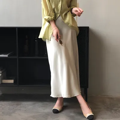 SANGMAY Fashion Womans Satin Skirt Temperament Vertical Elastic Waist Medium Length Skirt