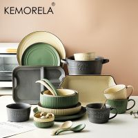 KEMORELA อุปกรณ์บนโต๊ะอาหารสีจานชามอาหารแฟชั่นสูงถาดซุป