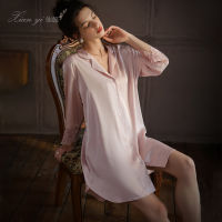 Fairy Summer Ice Silk Boyfriend Shirt Pure Color Comfort Lapel Outerwear Homewear Pure Desire Style Pajamas Female 509