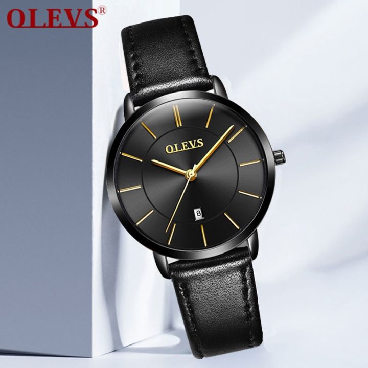 olevs-นาฬิกาข้อมือสุภาพสตรีแบบเดิม-ๆ-หนังสีดำเรียบง่ายบางเฉียบนาฬิกาควอตซ์กันน้ำวันที่แฟชั่น