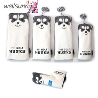 Wellsunny ที่คลุมหัวไม้กอล์ฟ,ถุงใส่หัวไม้กอล์ฟสุนัขฮัสกี้น่ารักสำหรับไม้แฟร์เวย์คนขับและไฮบริด #1 #3 #5 #7อุปกรณ์ป้องกันฝุ่นที่ครอบศีรษะหนัง PU ไม้