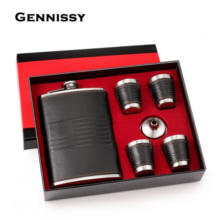 gennissy-9oz-leather-hip-flask-set-outdoor-portable-stainless-steel-drink-hip-flasks-for-whiskey-brandy-cocktail-men-gift-set